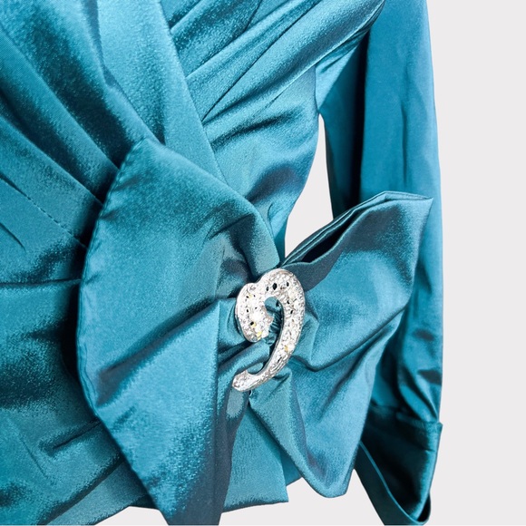 JS Collections Teal Satin Wrap Embellished Blouse (Sz S) - Picture 2 of 6